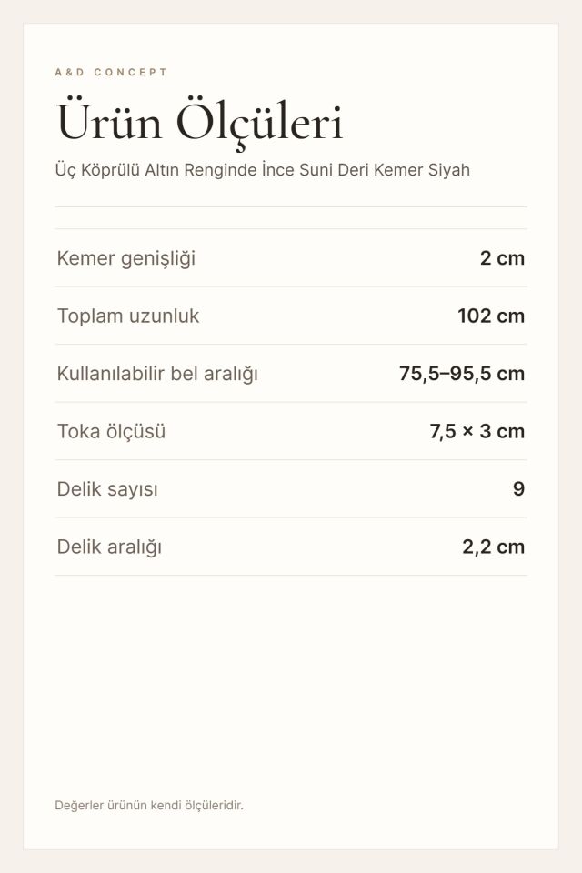 Üç Köprülü Altın Renginde İnce Suni Deri Kemer Siyah