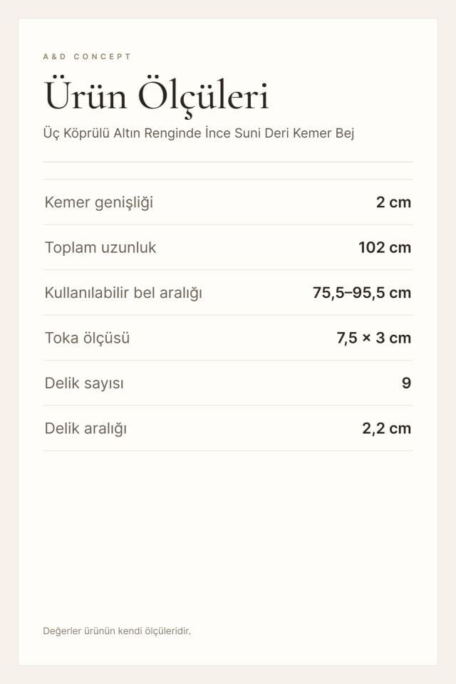 Üç Köprülü Altın Renginde İnce Suni Deri Kemer Bej