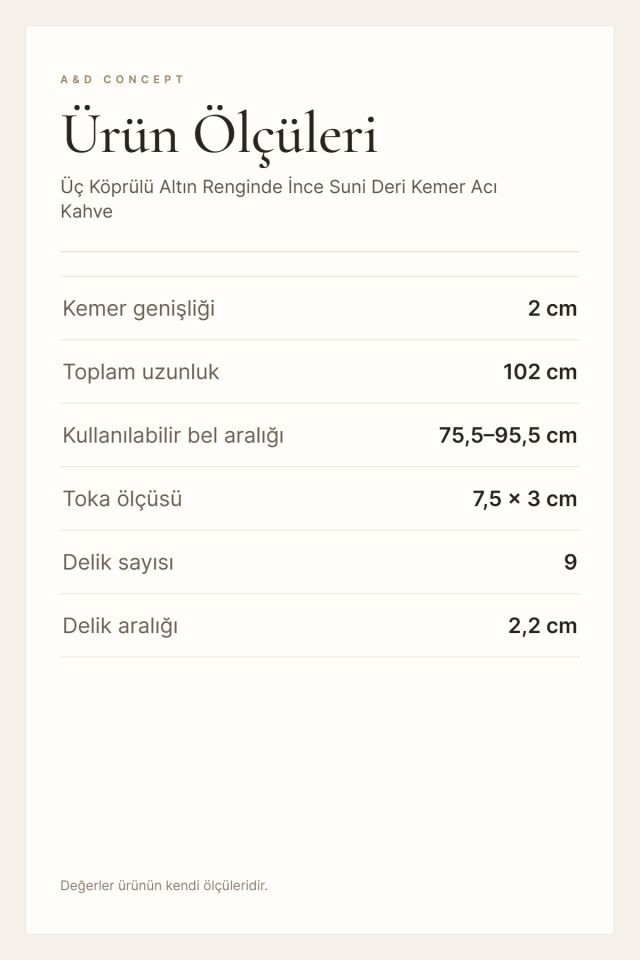 Üç Köprülü Altın Renginde İnce Suni Deri Kemer Acı Kahve