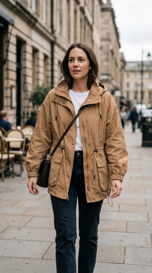 Beli Büzgülü Kapüşonlu Yağmurluk Camel - XL